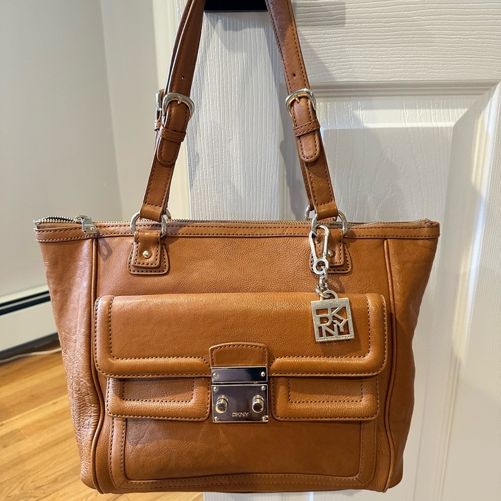 Dkny Tan Shoulder Bag with High-Quality Leather and Silver Hardware